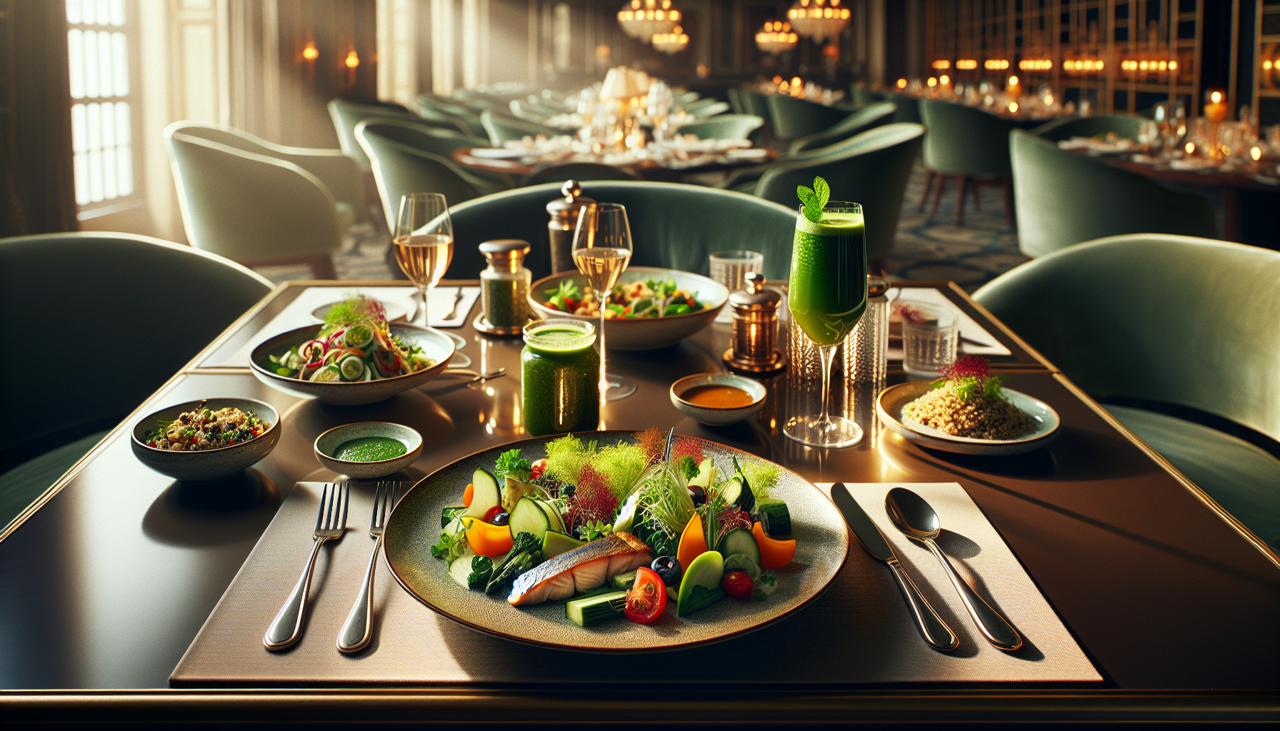 A healthy meal sits on a table at a lavish restaurant