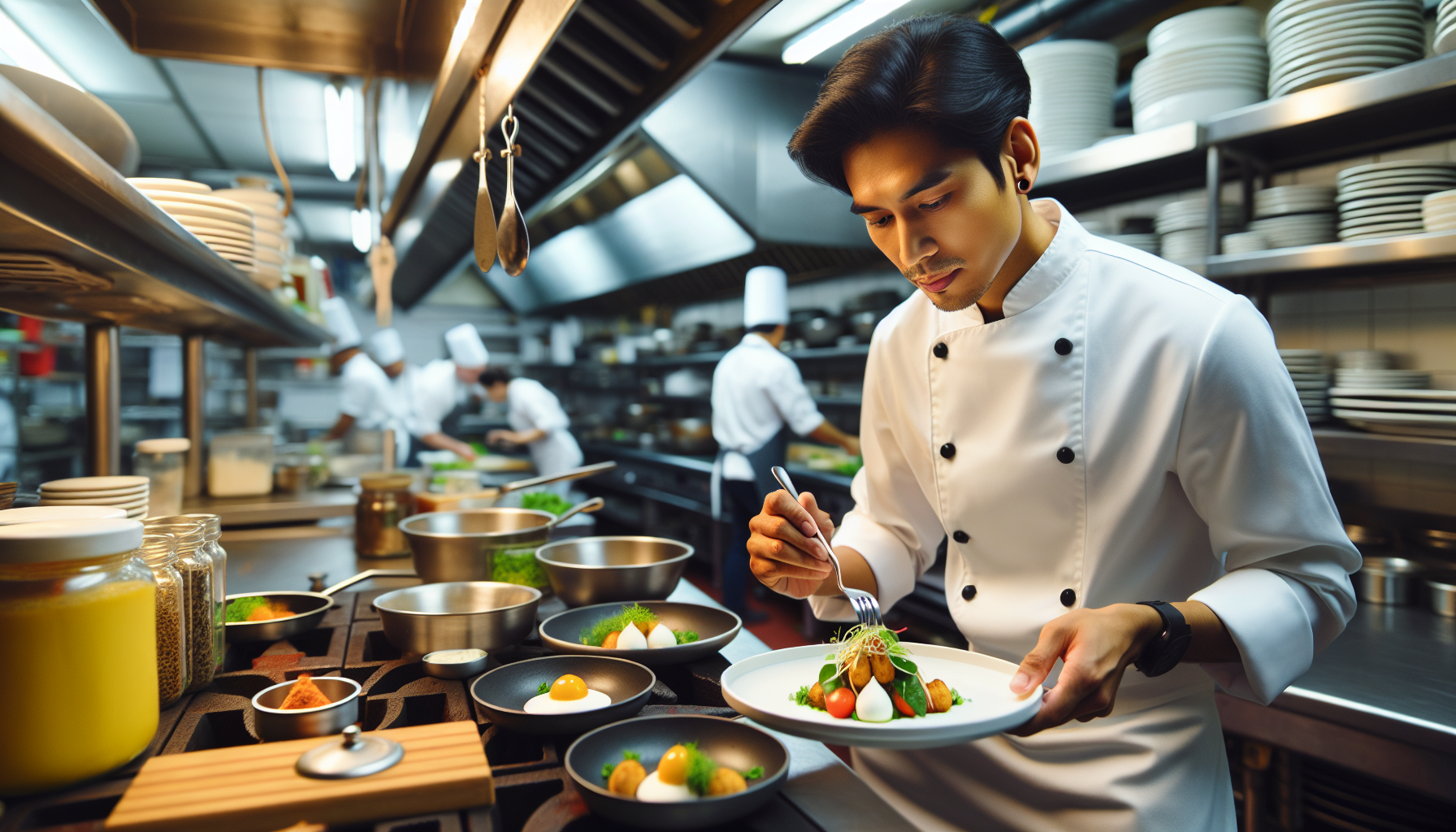 A chef prepares a meal in a restaurant's kitchen