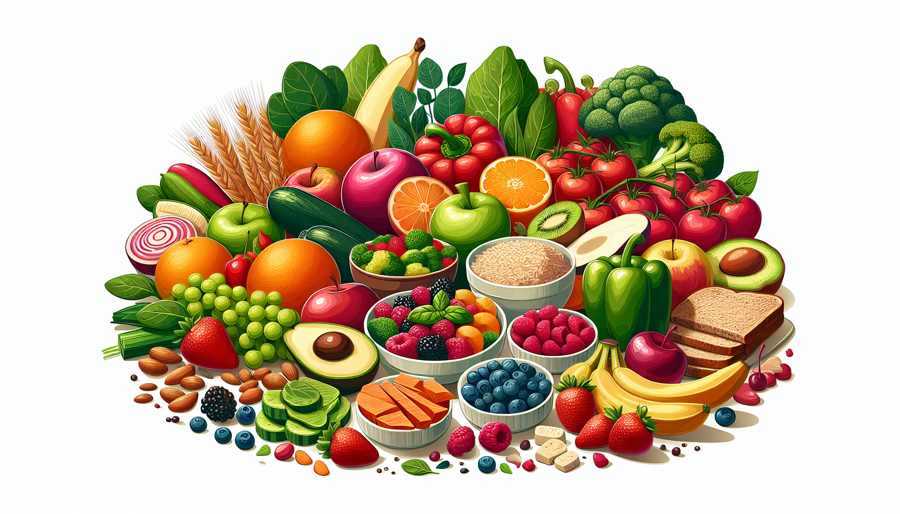 A vibrant assortment of healthy foods, including fruits, vegetables, nuts, grains, and cereals, arranged in a colorful display. The selection includes apples, bananas, oranges, strawberries, blueberries, broccoli, peppers, avocados, wheat, rice, and bread, emphasizing a diverse and nutritious diet."