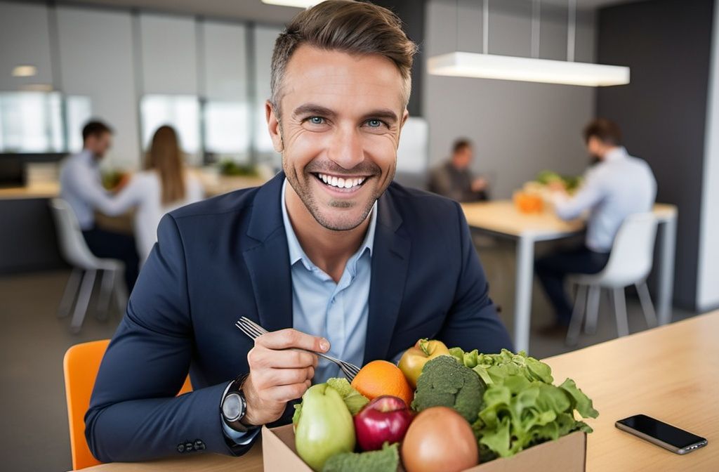 "A cheerful middle-aged man in a blue shirt and apron, smiling broadly as he eats a healthy salad with tomatoes and leafy greens in a busy office cafeteria."