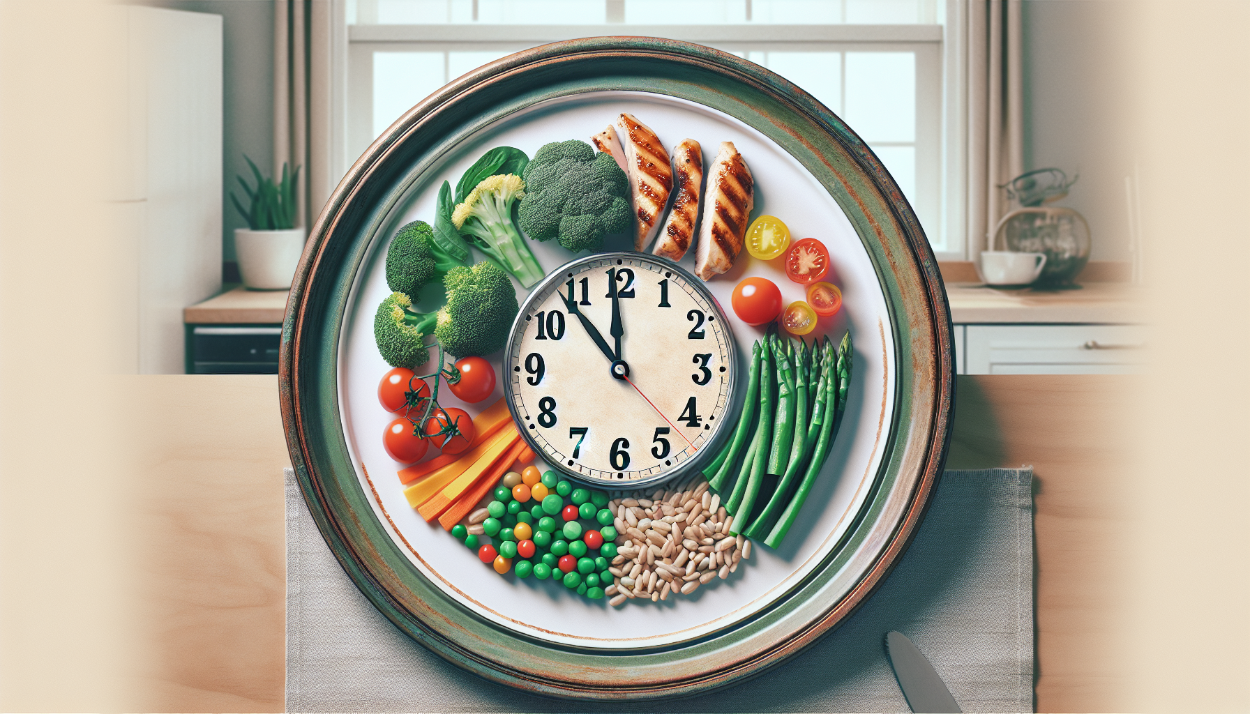 Plate arranged as clock with healthy foods symbolizing quick meals.