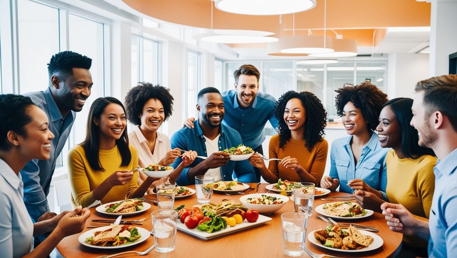 Coworkers enjoying a meal together during their shared employee lunch hour.