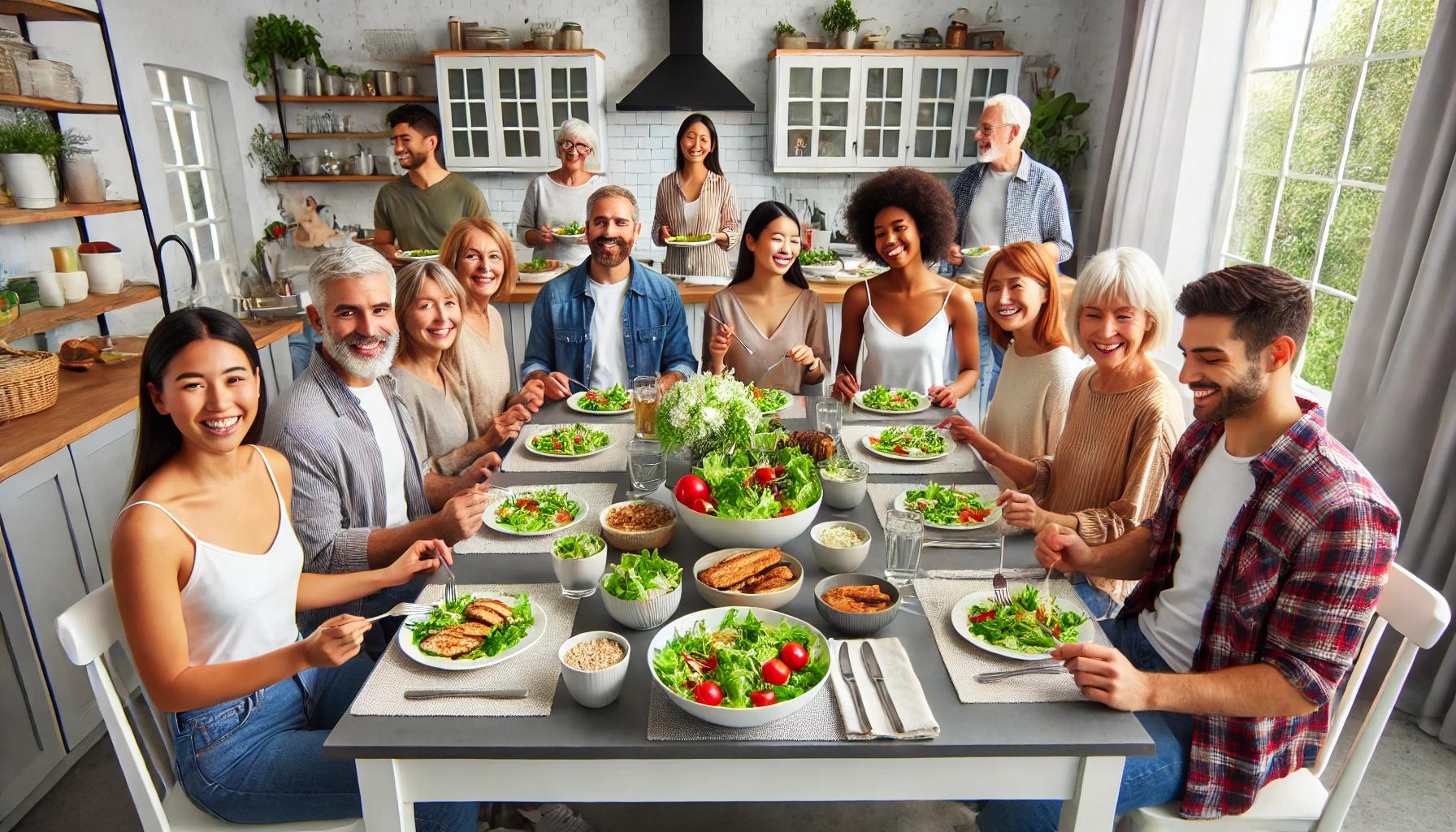  diverse group of people enjoying healthy, quick meals together in a kitchen setting, 